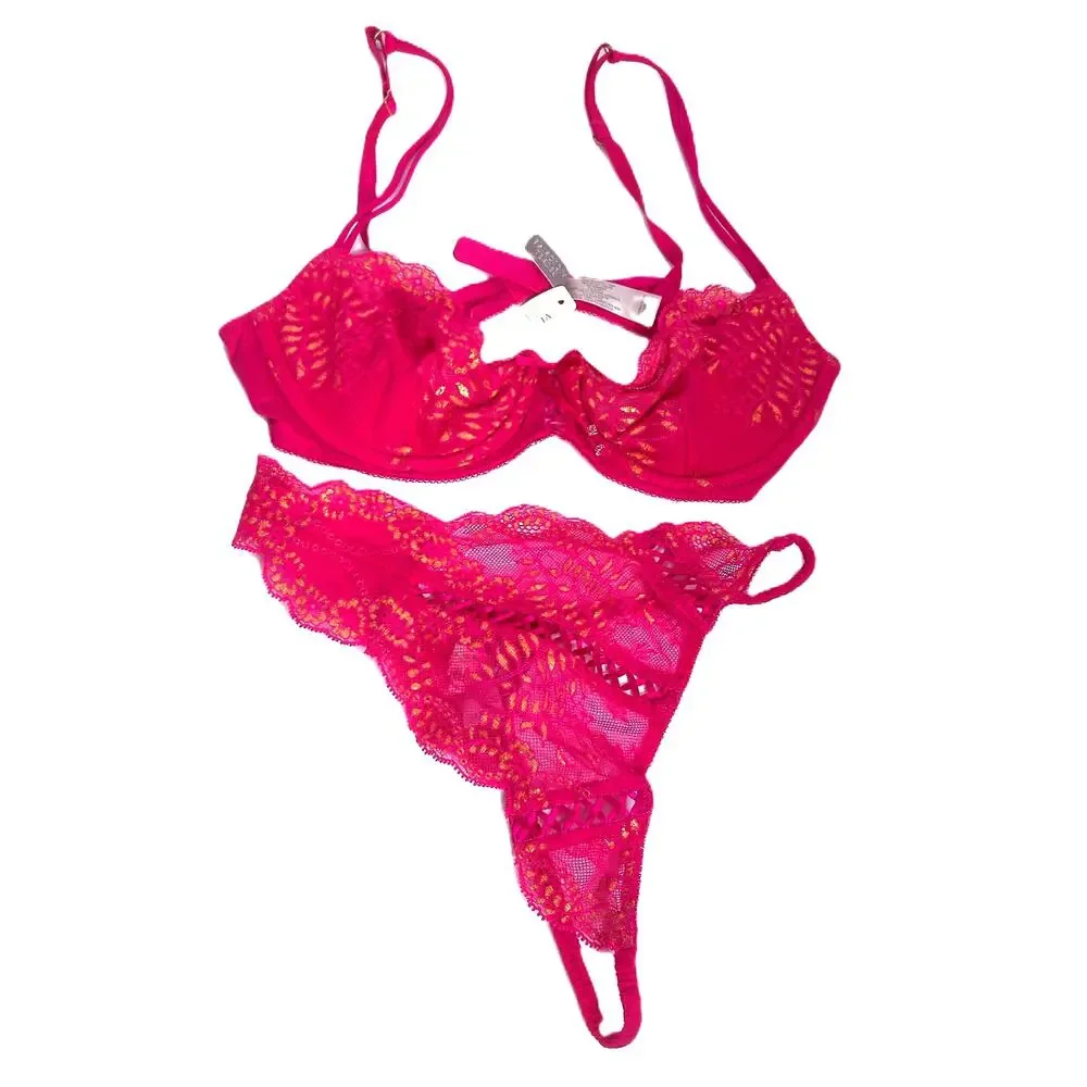 Victoria's Secret Y2K Coquette Pink Gold Crystal Lace Bra Set 36B Thong Large
